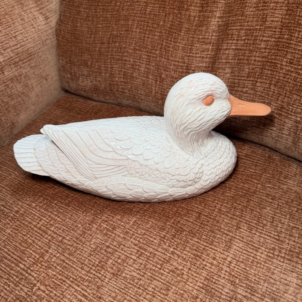 Vintage Large White Glazed Ceramic Duck Figurine Farmhouse Country Decor